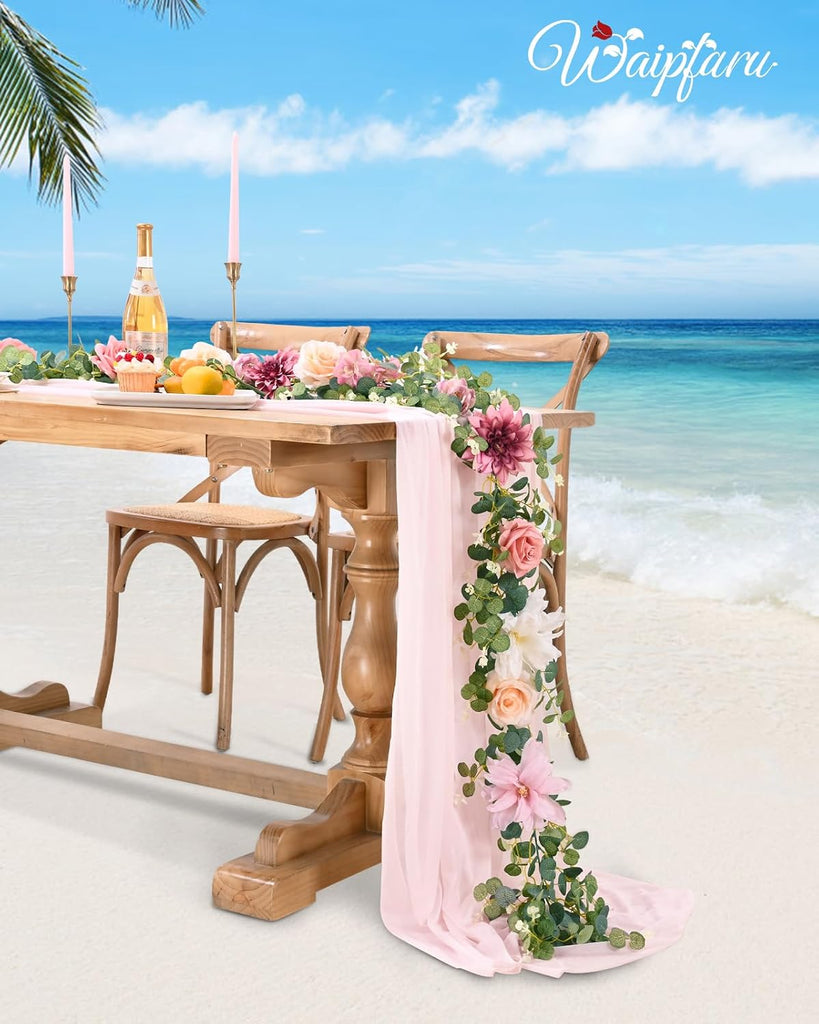 Artificial Flower Garland Decorations, 12.14Ft Eucalyptus Greenery Vines with Pink Roses for Wedding Table - Set of 2