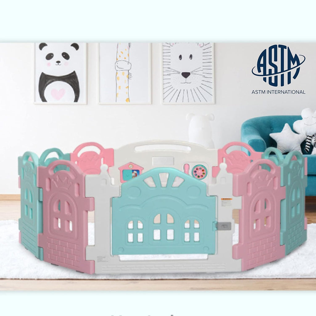 12 Panel Rumi Baby Playpen in Pink and Blue, Easy to Fold and Store, Fun Game Panel, Indoor and Outdoor Playpen for