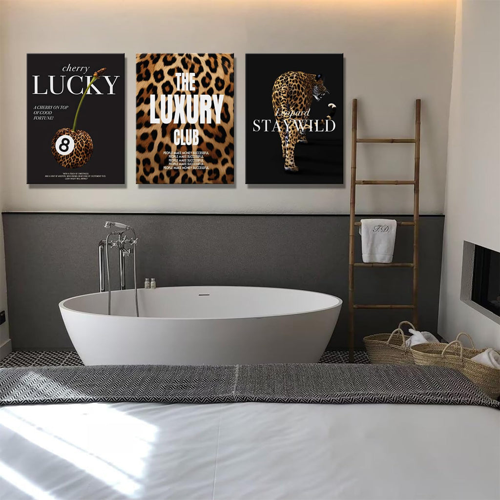 Fashion Leopard Wall Art Set of 3, Trendy Animal Print Canvas Wild Cheetah Inspirational Lucky 8 Ball Painting Wall