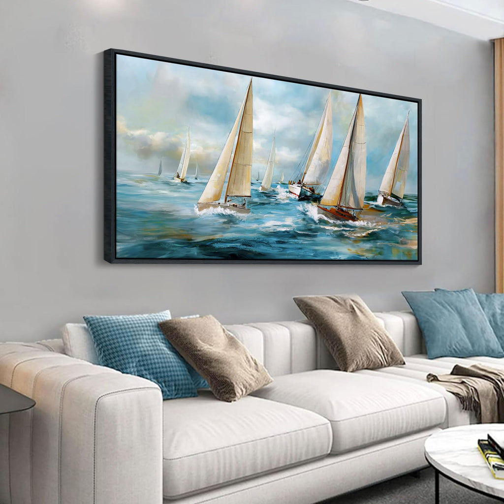 Sailboat Wall Art - Blue Canvas Retro Painting Textured Picture Artwork Vintage Nautical Large Painting Coastal