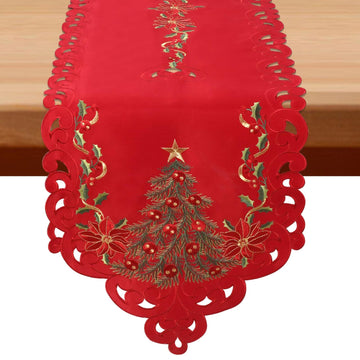 Red Christmas Table Runner 72 Inches Long with Embroidered Tree and Poinsettia, Holiday Cutwork Linen Tablerunner