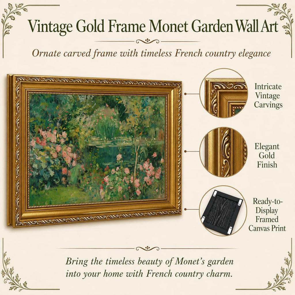 Vintage Gold Framed Monet Garden Wall Art, Impressionist Water Lily Pond Framed Canvas Print, French Country Floral