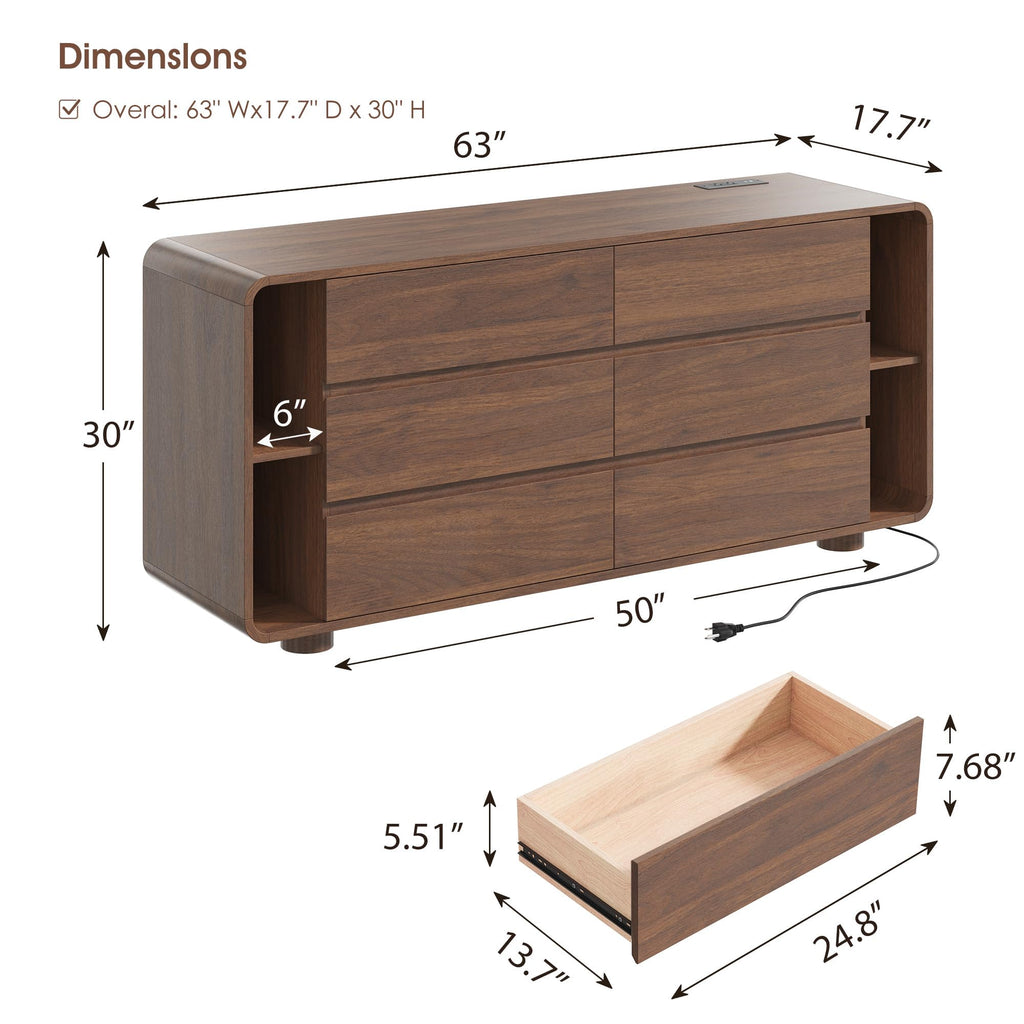 63 Inch 6 Drawer Dresser with Shelves, Rounded Corner, Walnut