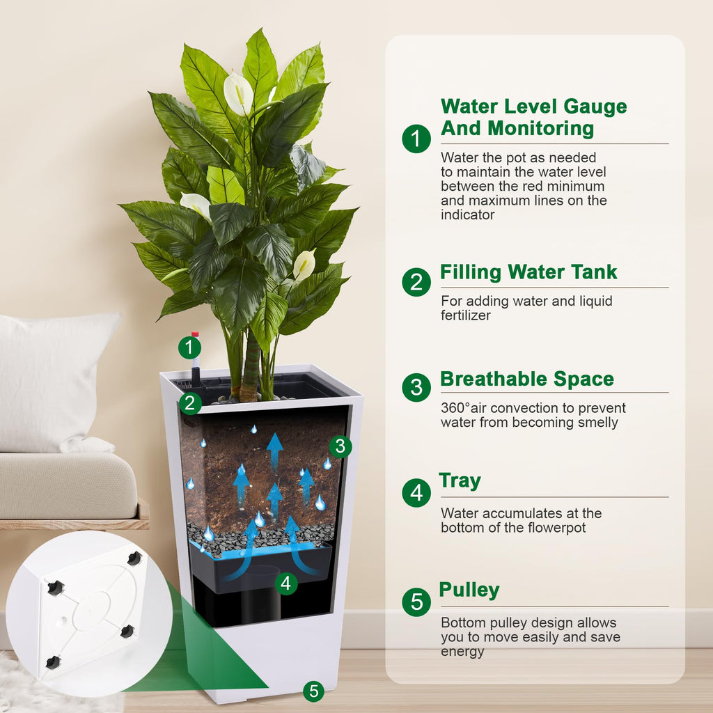 30" Tall Planter Set of 2, Heavy Duty Tall Planter, High Front Porch Planter Pots with Drainage Holes&Water Level
