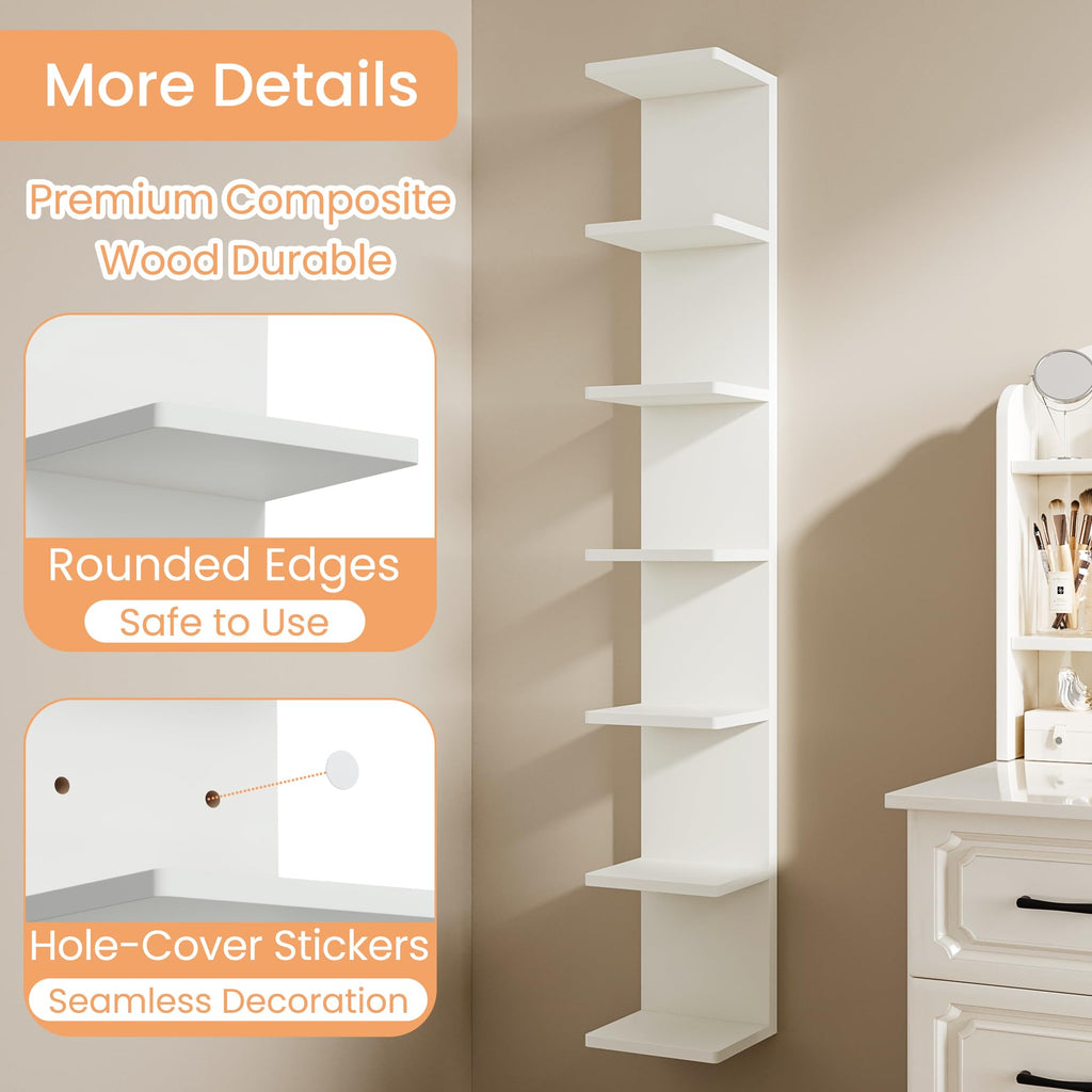 7-Tier Floating Wall Shelf, White Vertical Vanity Decor Shelves