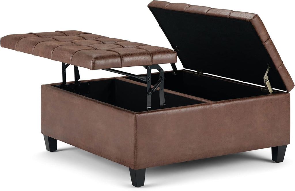 Harrison 36" Wide Vegan Leather Lift Top Ottoman in Saddle Brown | Distressed saddle brown, transitional lift-top