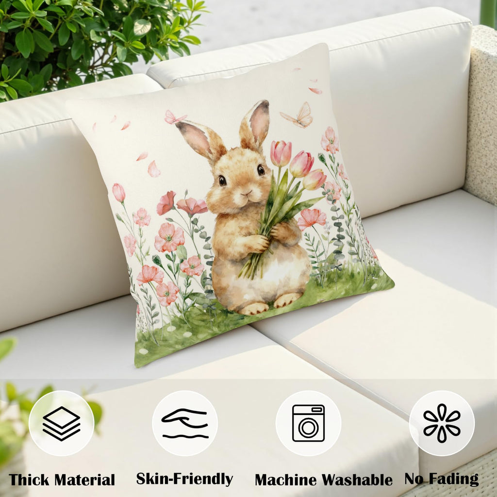 Easter Bunny Outdoor Pillow Covers 16x16 Set of 2 Watercolor Pink Flowers Pillows Cases Farmhouse Rabbit Floral