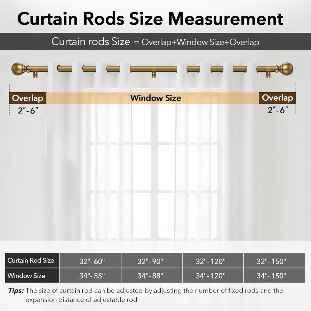 Brush Gold Curtain Rods for Windows, 1 Inch Brass Heavy Duty Curtain Rods Adjustable and Easy