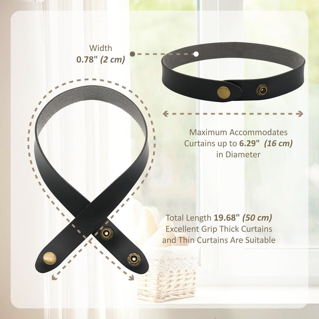 PU Leather Curtain Tiebacks, No Drill Holdbacks, Black, 4 Pack