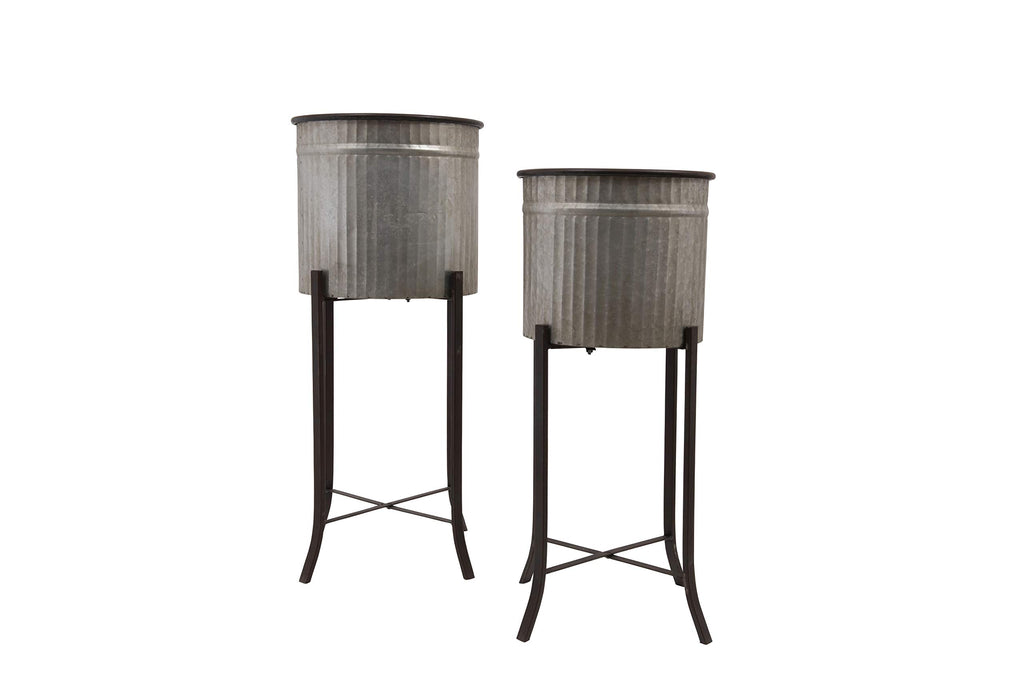 2‐Piece Round Corrugated Metal Planters on Stands, Silver and Black