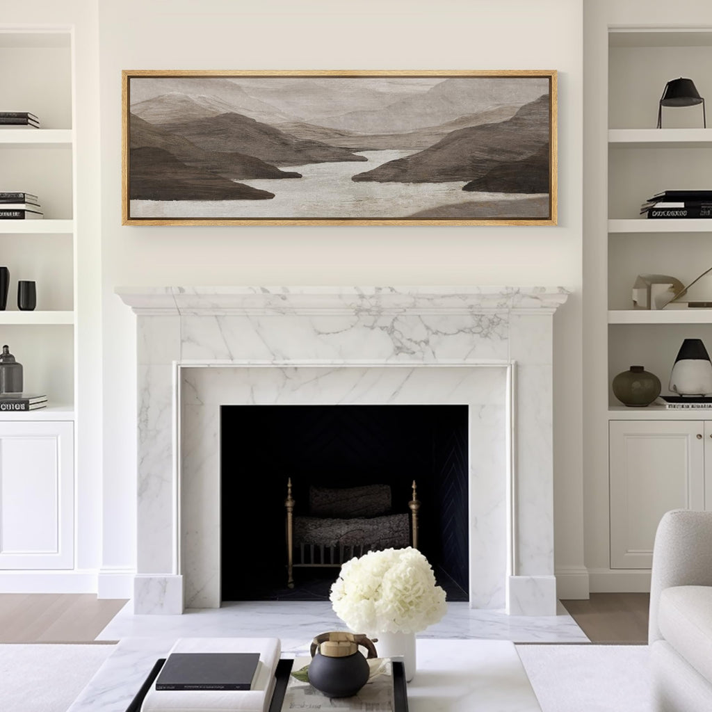 Large Framed Canvas Print Wall Art Monochrome Mountain Serenity Minimalist Landscape Illustrations Antique Retro Fine