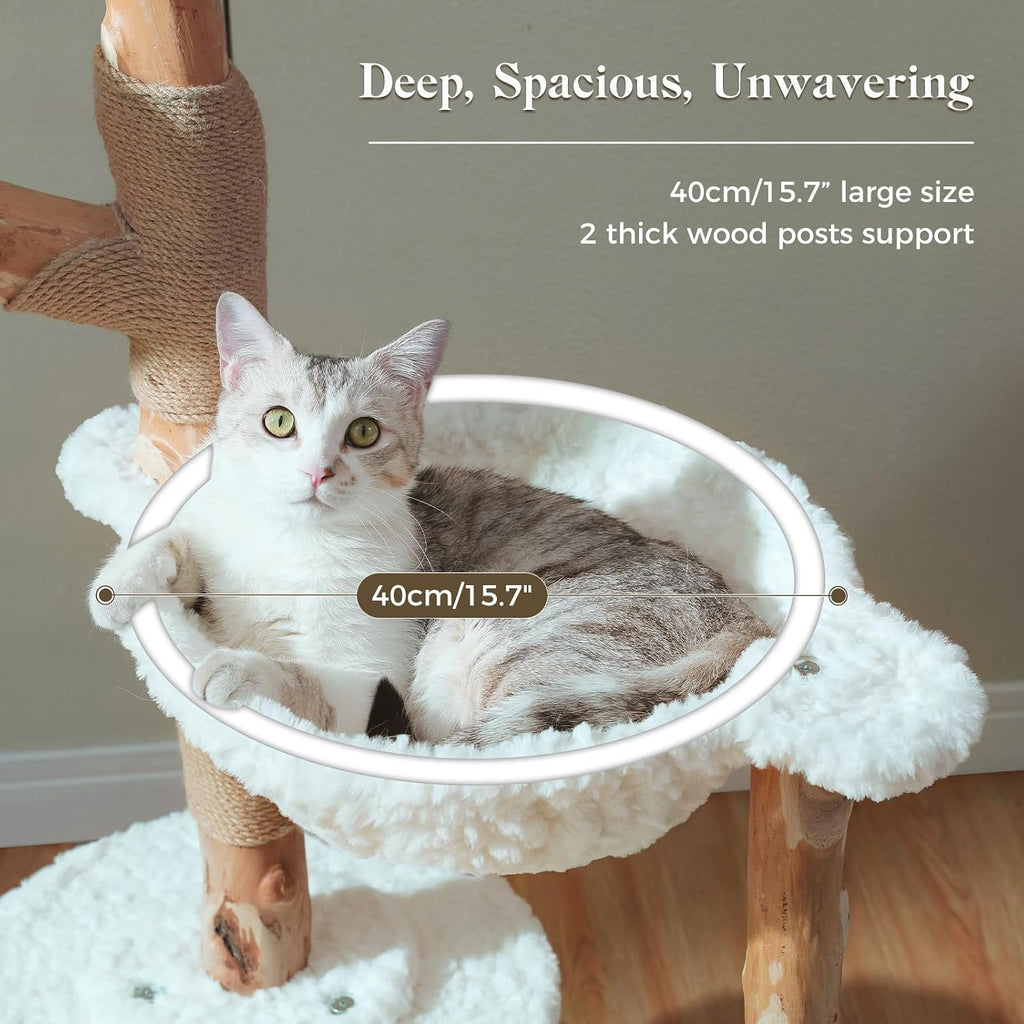 59" Modern Cat Tree, Natural Wood Cat Tower for Large Cats White