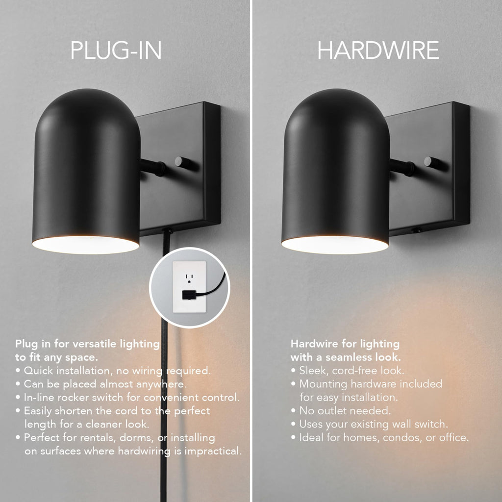 Plug-in or Hardwire Wall Sconce, Matte Black, 6ft Braided Fabric Cord, in-Line Rocker Switch, Modern Lighting