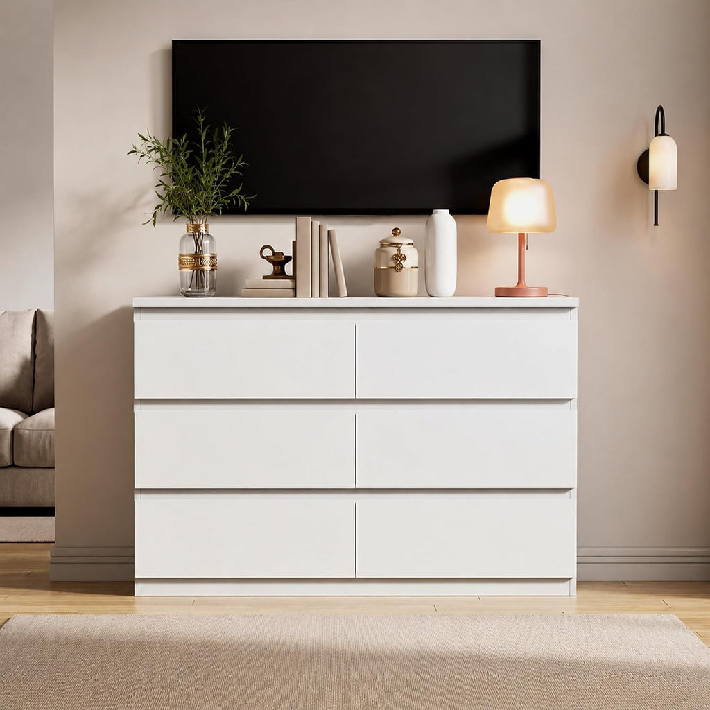 6 Drawer Double Dresser , Modern Simply Chest of Drawers, Wood Storage Dresser with Anti-Tipping Hallway Entryway