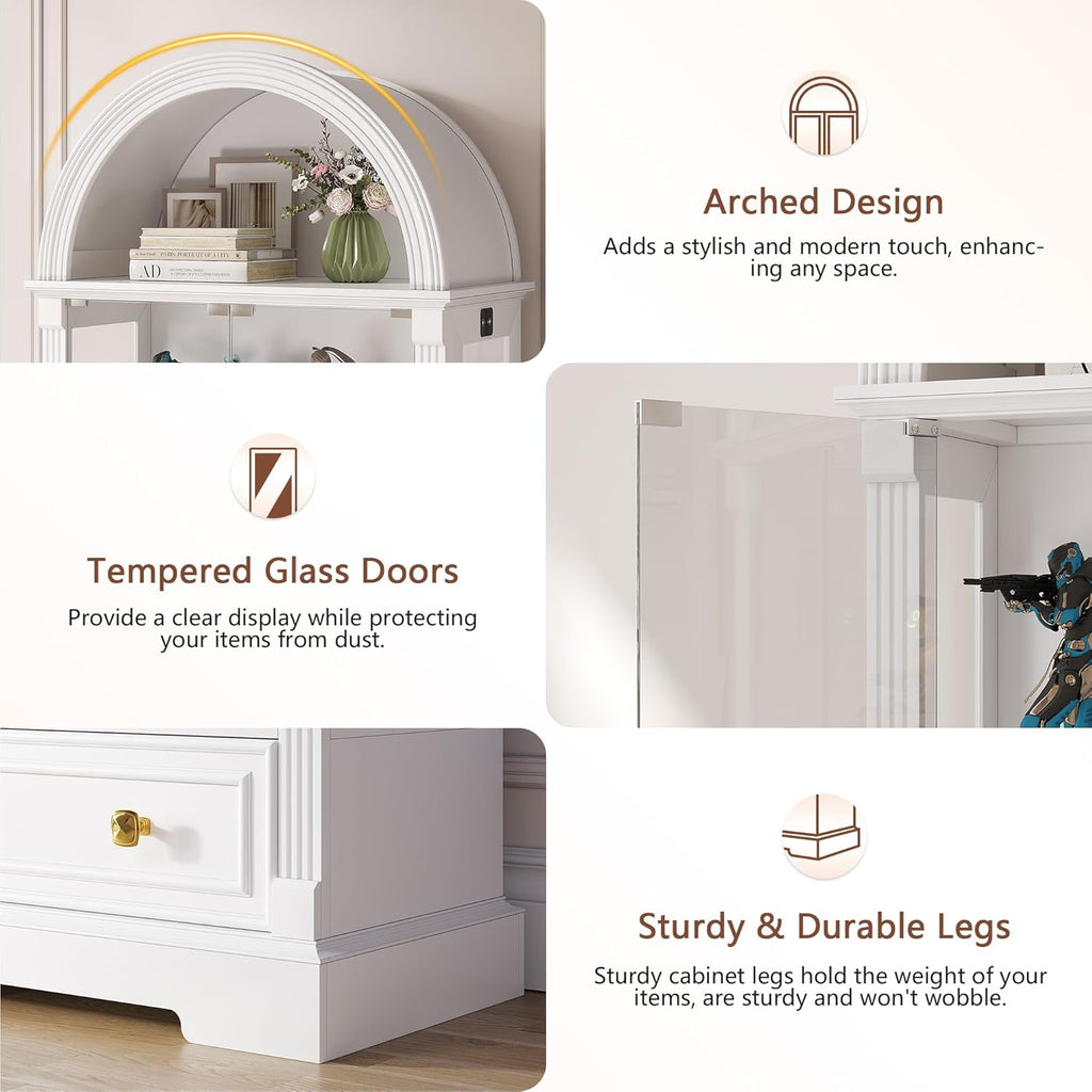 Curio Cabinet with Glass Doors & LED Lights | 72" Tall, Arched Display Cabinet, Human Sensor Lights, 4-Tier Large