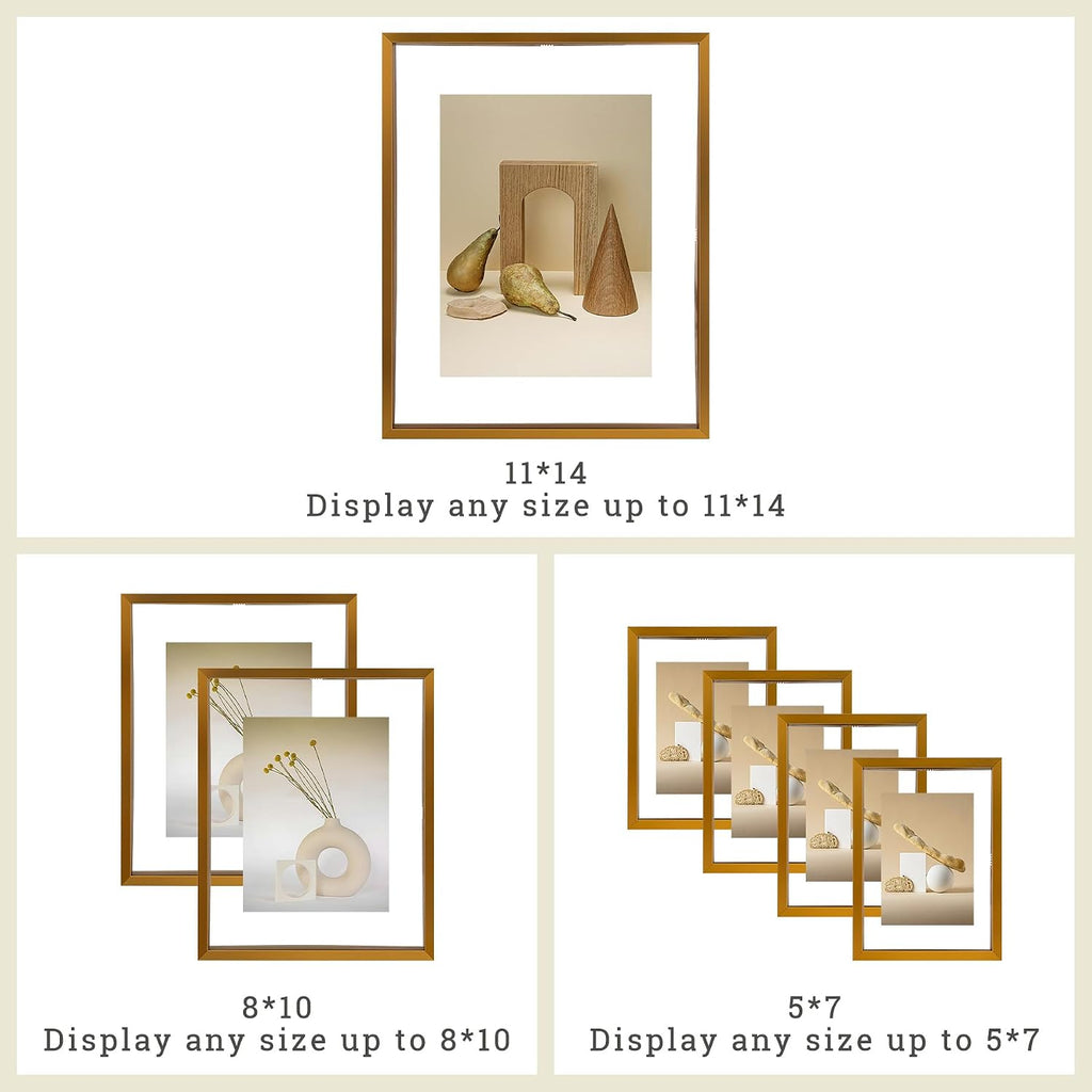 Bronze Metal Floating Picture Frame 7 Set(4 11x14, 2 8x10, 4 5x7) | Tempered Glass Front, Plexiglass Back, for Photo