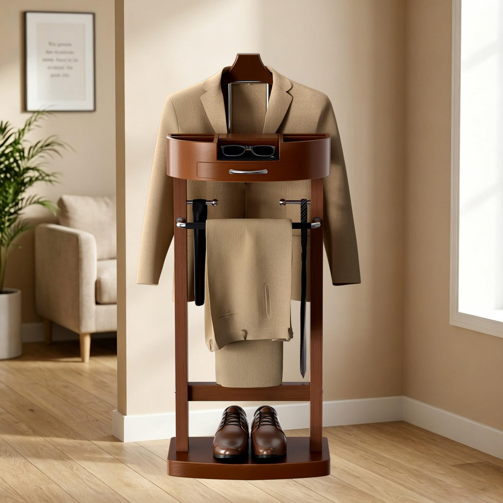 Freestanding Solid Wood Suit Valet Stand with Tie Bar, Suit Stand for men