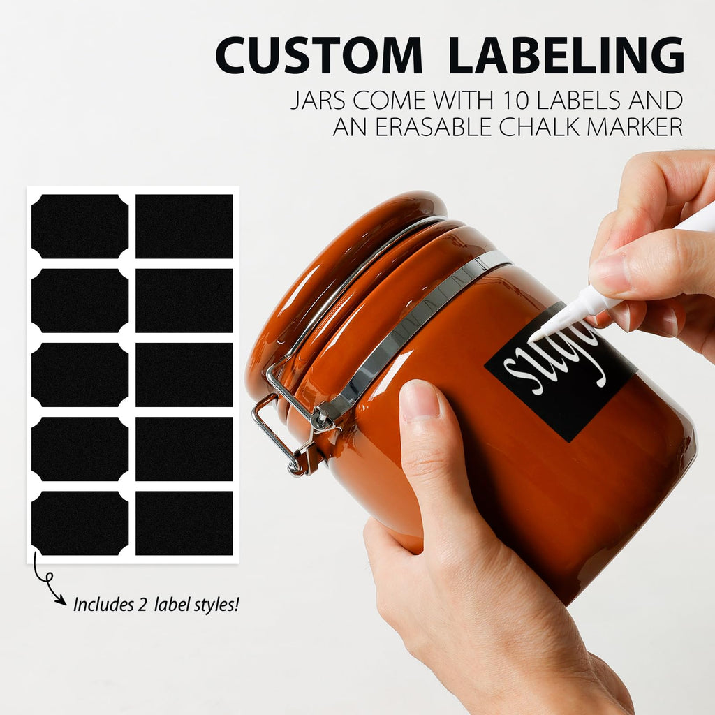 4 Piece Airtight Ceramic Canister Set With Attached Wooden Spoon Reusable Chalk Labels For Dry Goods Sugar Coffee Tea