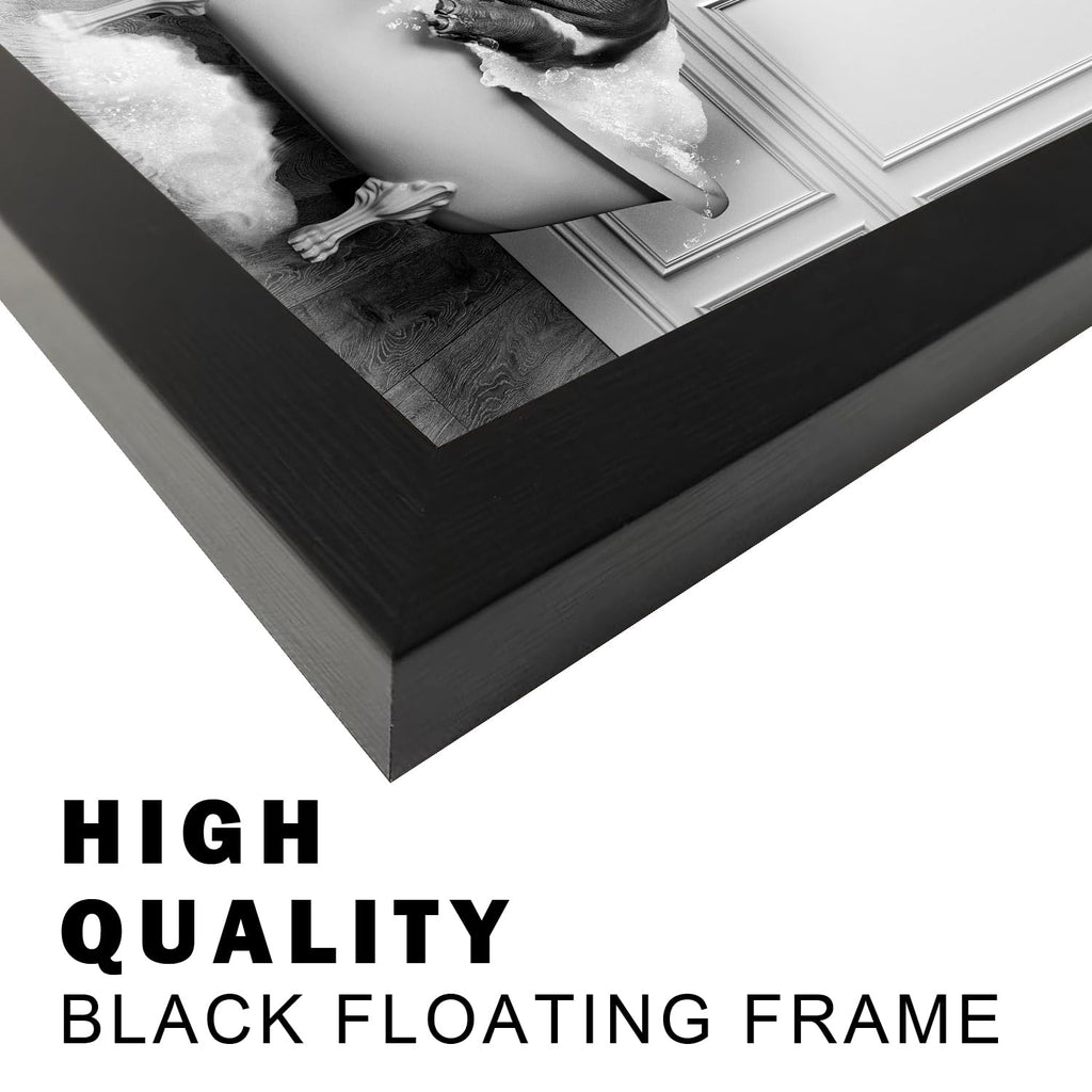 Framed Bathroom Decor Wall Art Black and White Canvas Print Cute Hippo in Bathtub Wall Art Bathrom Painting for Wall