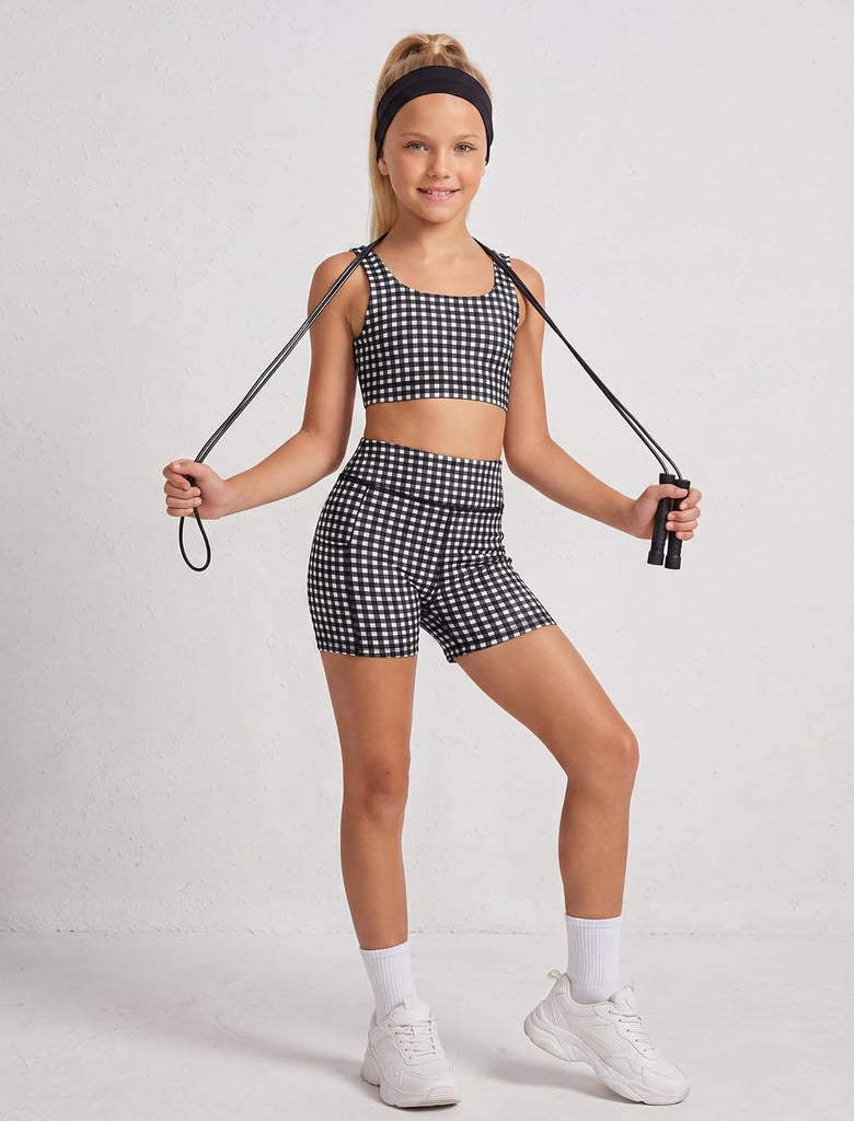 Girls Gingham Workout Set 2 Piece Athletic Dance Set for Kids Activewear