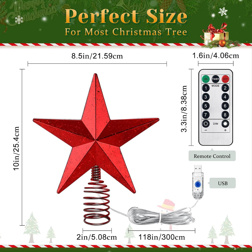 Red Christmas Tree Star Topper with Lights, 8.5-Inch Light-Up Christmas Tree Topper with Remote Control, 4 Brightness