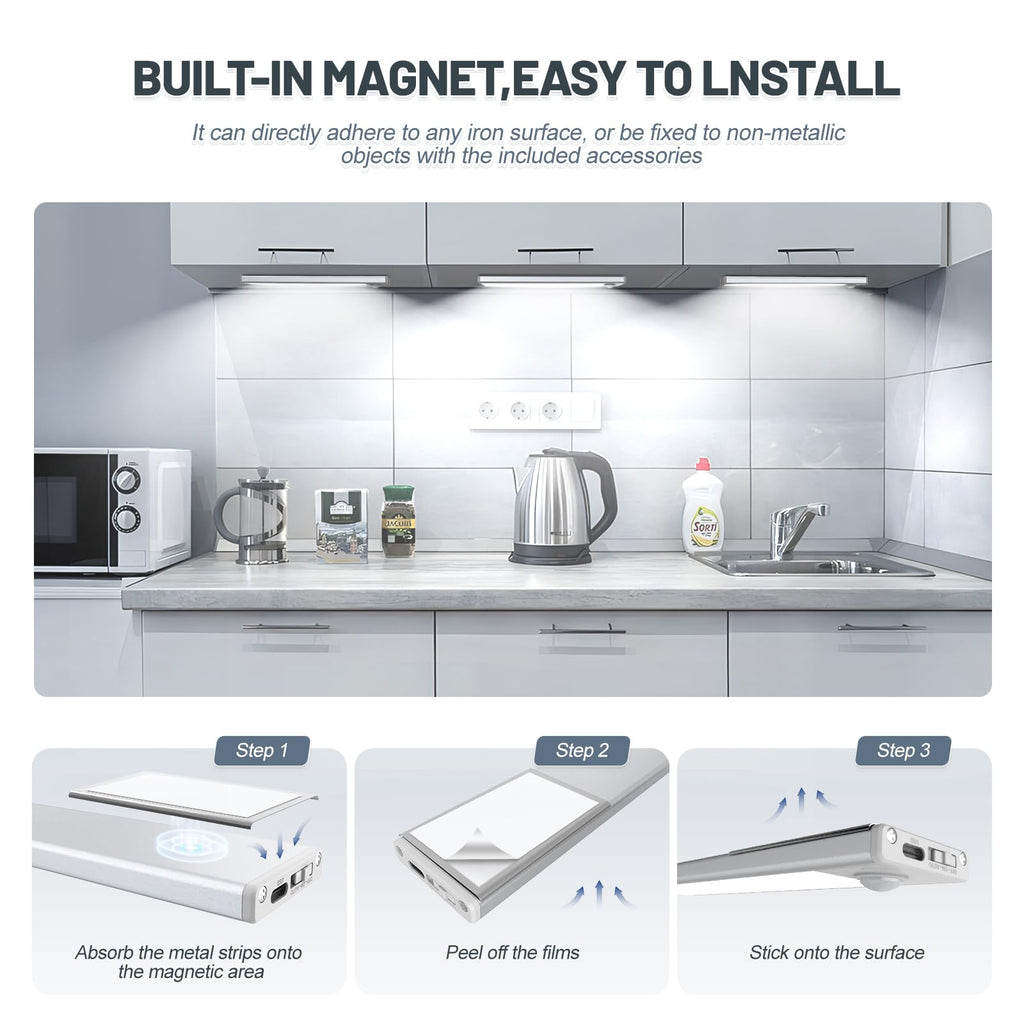 6 Pack Under Cabinet Lighting Wireless, 50 LED Rechargeable Battery Motion Sensor Light Indoor, Stick On Magnetic