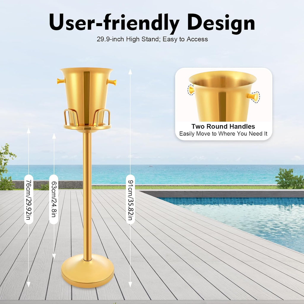 Stainless Steel Standing Ice Bucket, Champagne Ice Bucket with Stand Ice Cube Container with Round Carrying Handles