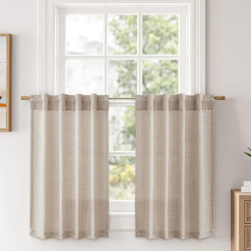 Linen Textured Small Kitchen Window Curtains Over Sink, Semi Sheer Farmhouse Cafe Curtain 36 Inch Long Short Back Tab