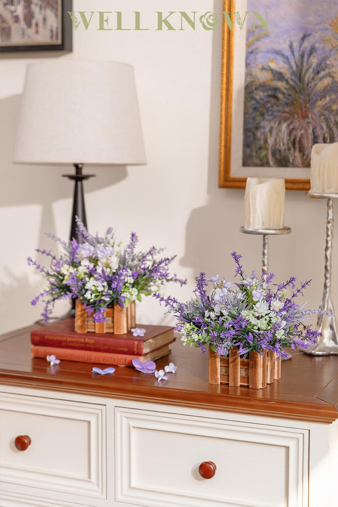 Artificial Lavender Plants in Wooden Baskets - Set of 2