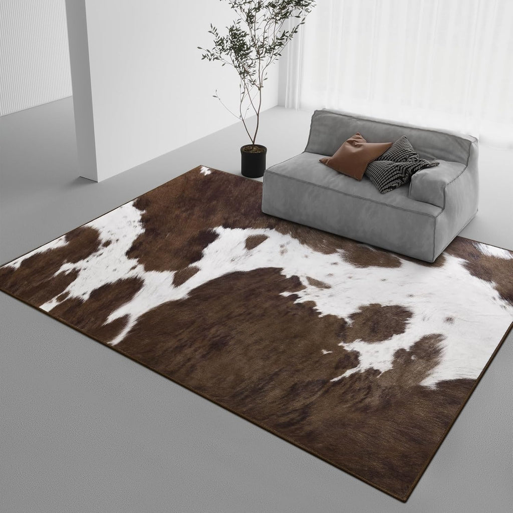 Cow Print Rug - Brown Faux Cowhide Rugs, Washable Soft Non-Slip Stain Resistant Animal Cow Hide Carpet Bedroom