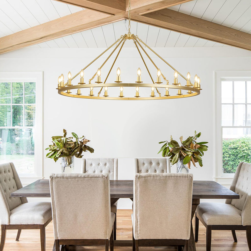 Gold Wagon Wheel Chandelier 53-Inch 24-Light, Extra Large Round Rustic Farmhouse Chandelier Metal Circle Chandeliers