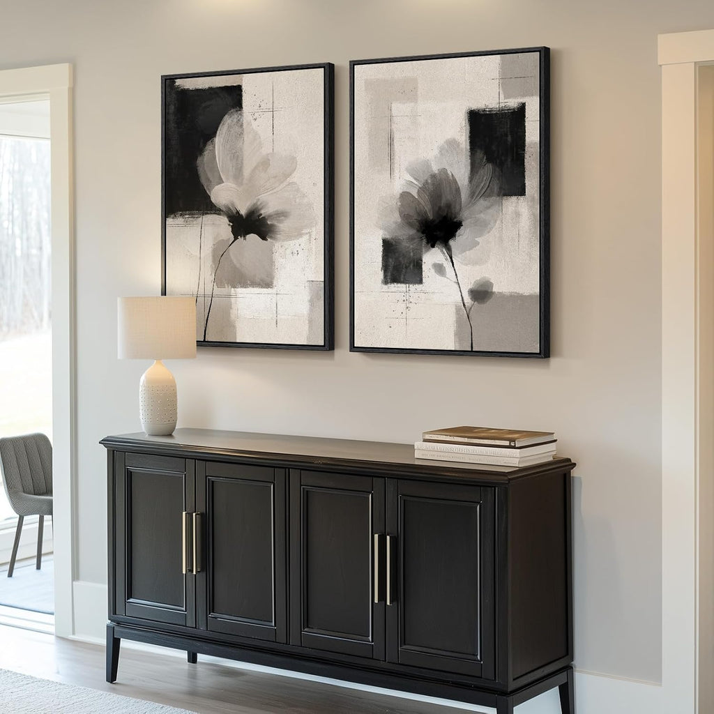Large Framed Neutral Abstract Floral Wall Art, Set of 2 Black and Beige Modern Canvas Prints Paintings Artwork for