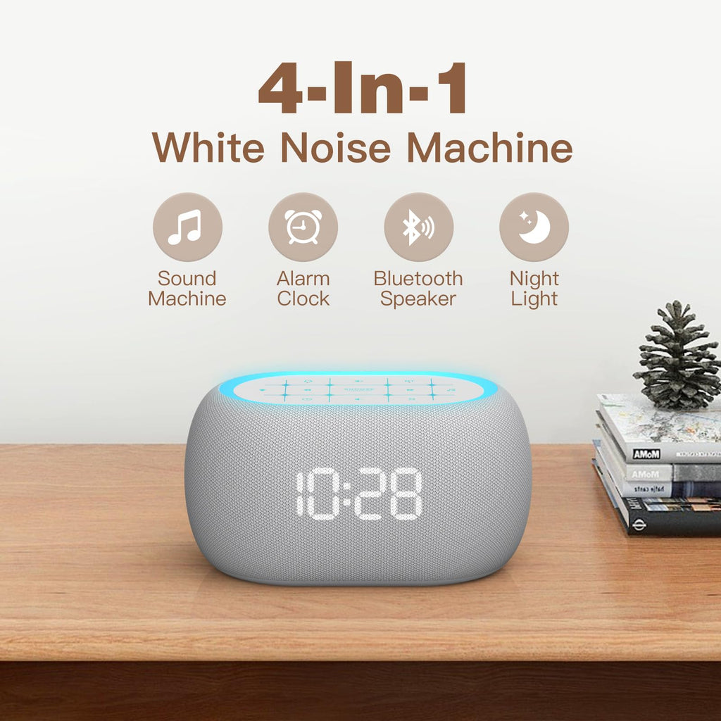 White Noise Sound Machine Alarm Clock with Bluetooth Speaker, 21 Relaxing Sounds, 7 Night Lights,0-100% Dimmer/Sleep