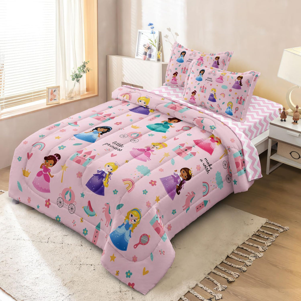 Kids Girls Princess Comforter Set Twin, Pink | Bed in a Bag, 5 Piece Set, Soft Cute Castle Bedding, 1 Comforter, 1