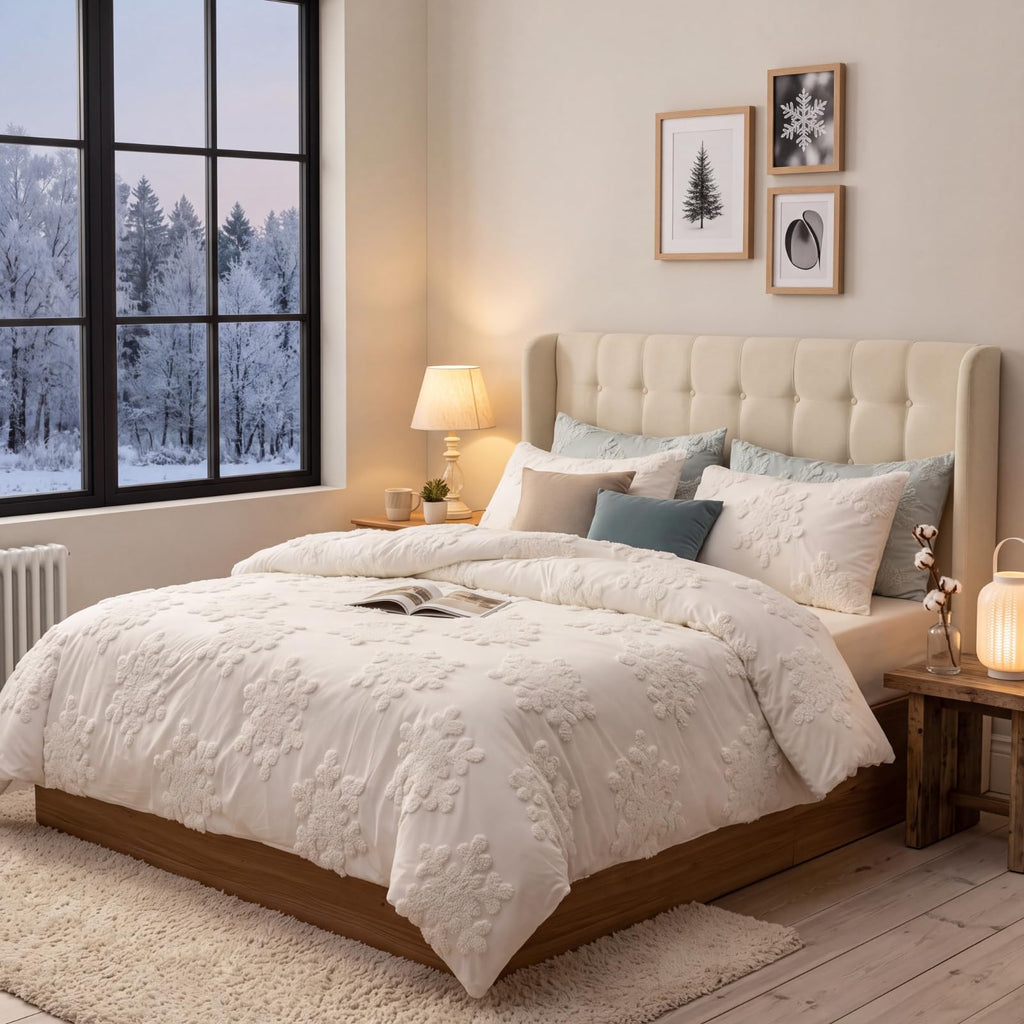 3 Pcs Snowflake Duvet Cover Set King White Snowflake Boho Tufted