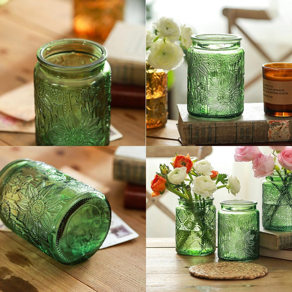 Vintage 23.7 oz Green Sunflower Embossed Glass Jar with Airtight Wooden Lid