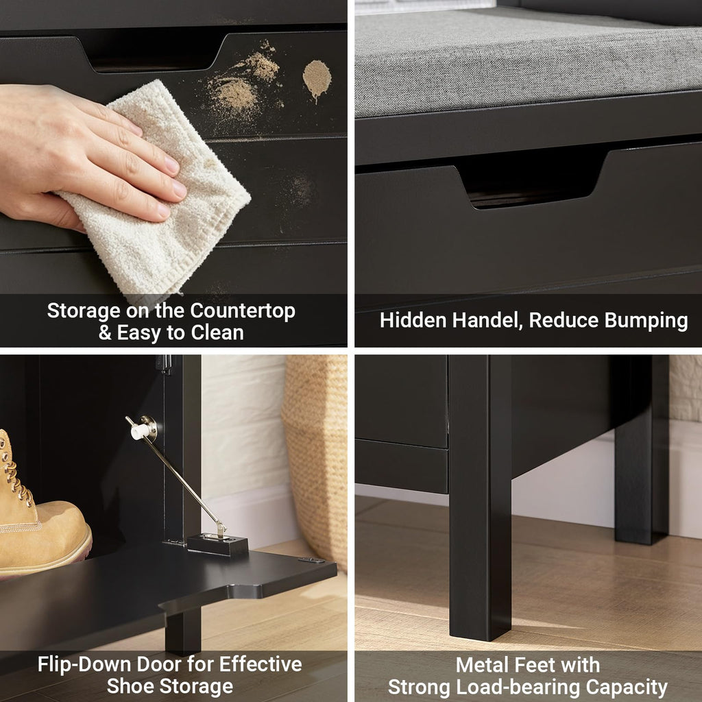 Shoe Storage Bench with Flip-Down Door and Padded Cushion, Shoe Bench, Black