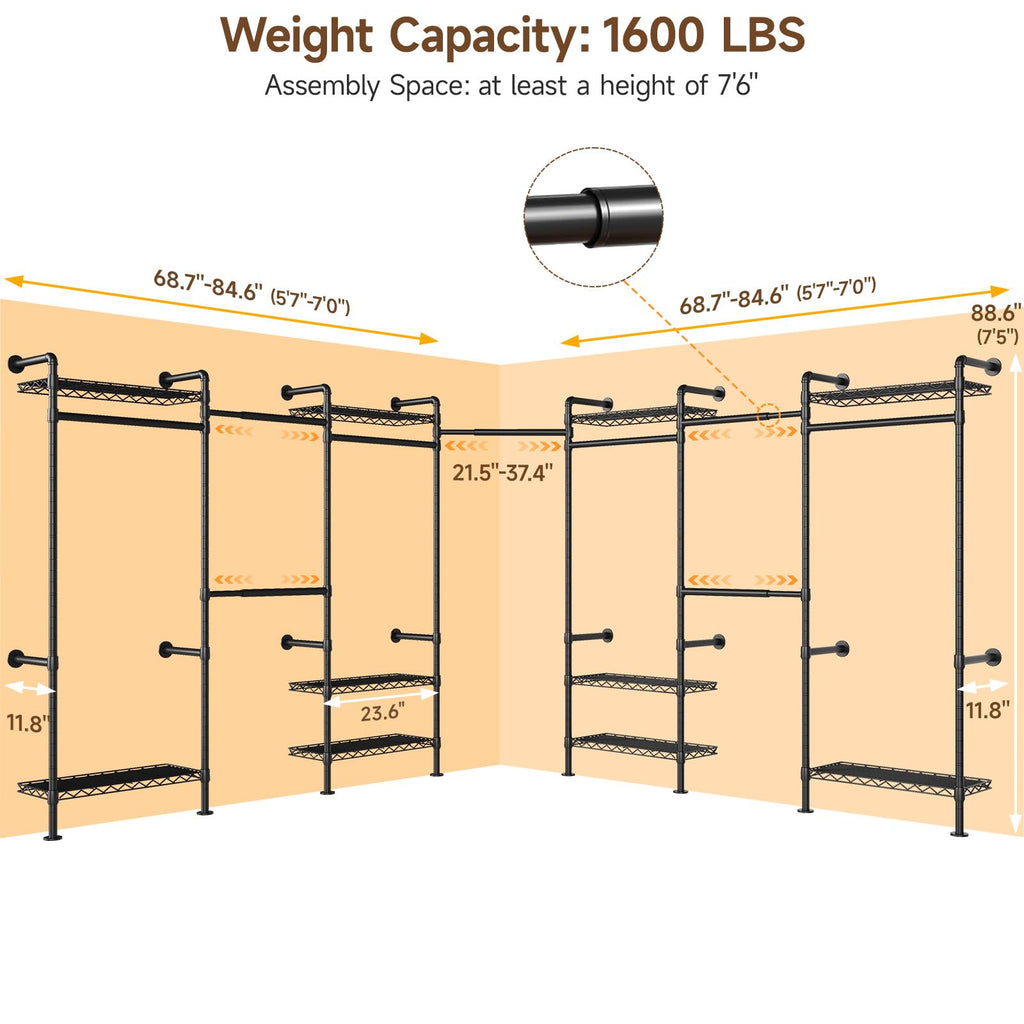 L7 Wall Mounted Industrial Pipe Clothing Rack, Corner Closet System