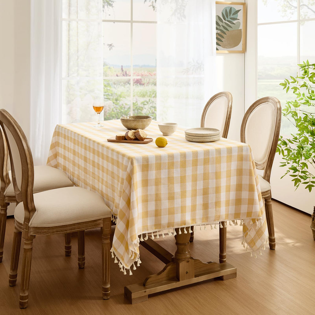 Gingham Rectangle Tablecloth with Tassel, Yellow, 55" x 120"