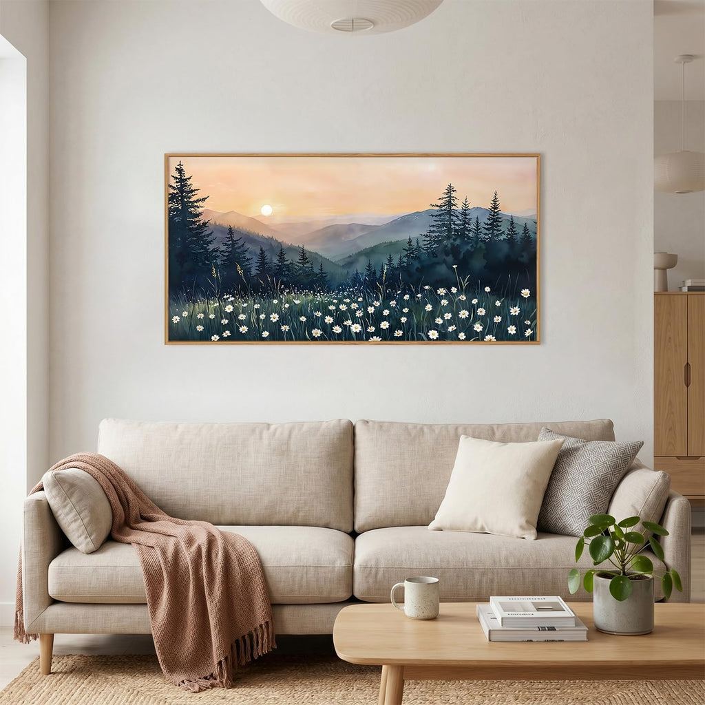 Mountain Floral Landscape Framed Canvas Wall Art Set,Watercolor Forest Wall Decor,Misty Pine Tree Art Prints,Nature