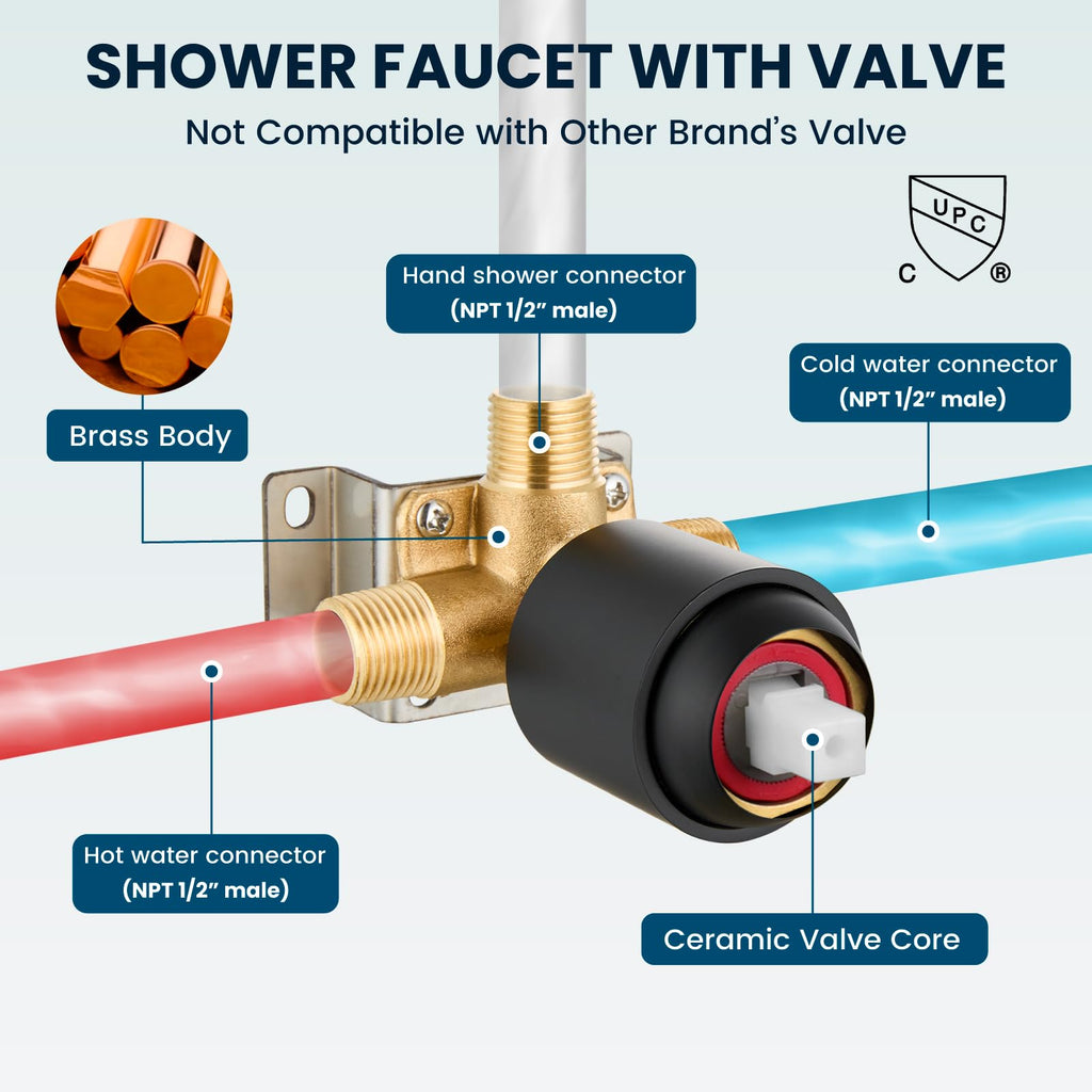 Shower Faucet Set with Valve Kit 6 Mode Handheld Matte Black