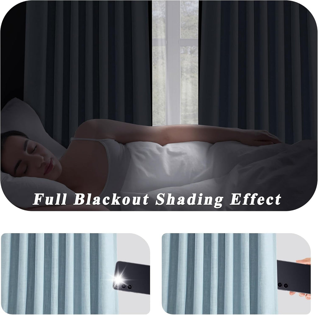 Dusty Blue Pinch Pleated Full Blackout Curtains Linen Texture Thermal Insulated Window Treatment Panel 84 Inch for Living Room Bedroom Noise Reducing Back Tab Drapes with Hooks, 2 Panel, 40"Wx84"L