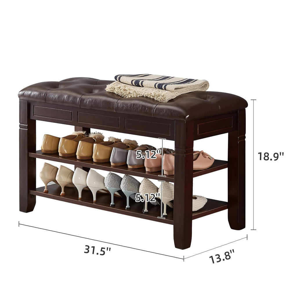 Shoe Storage Bench with Cushion, Entry Bench with Storage Solid Wood Shoe Bench Ideal Living Room and Corridor