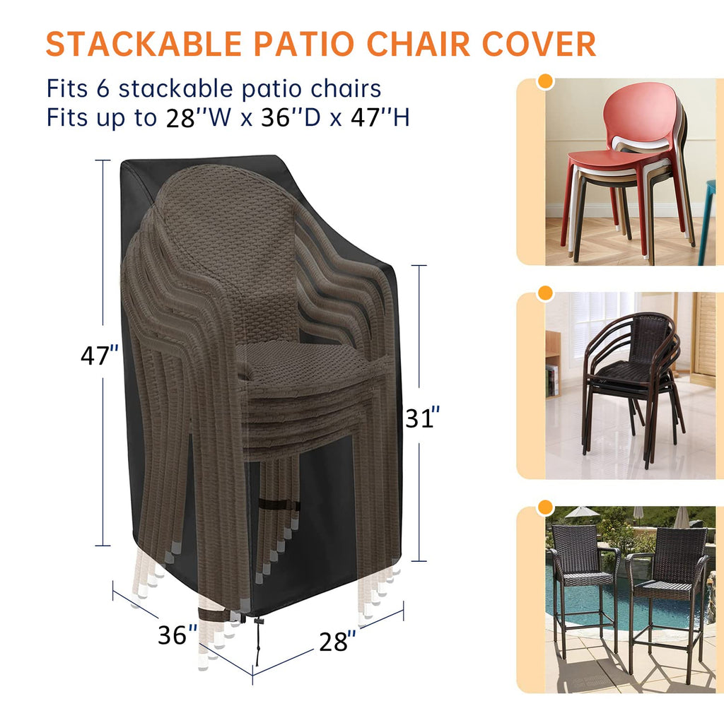 High Back Outdoor Chair Covers Waterproof, 600D Heavy Duty Lawn Outside Barstool Chair Covers, Fits for 4-6 Stackable