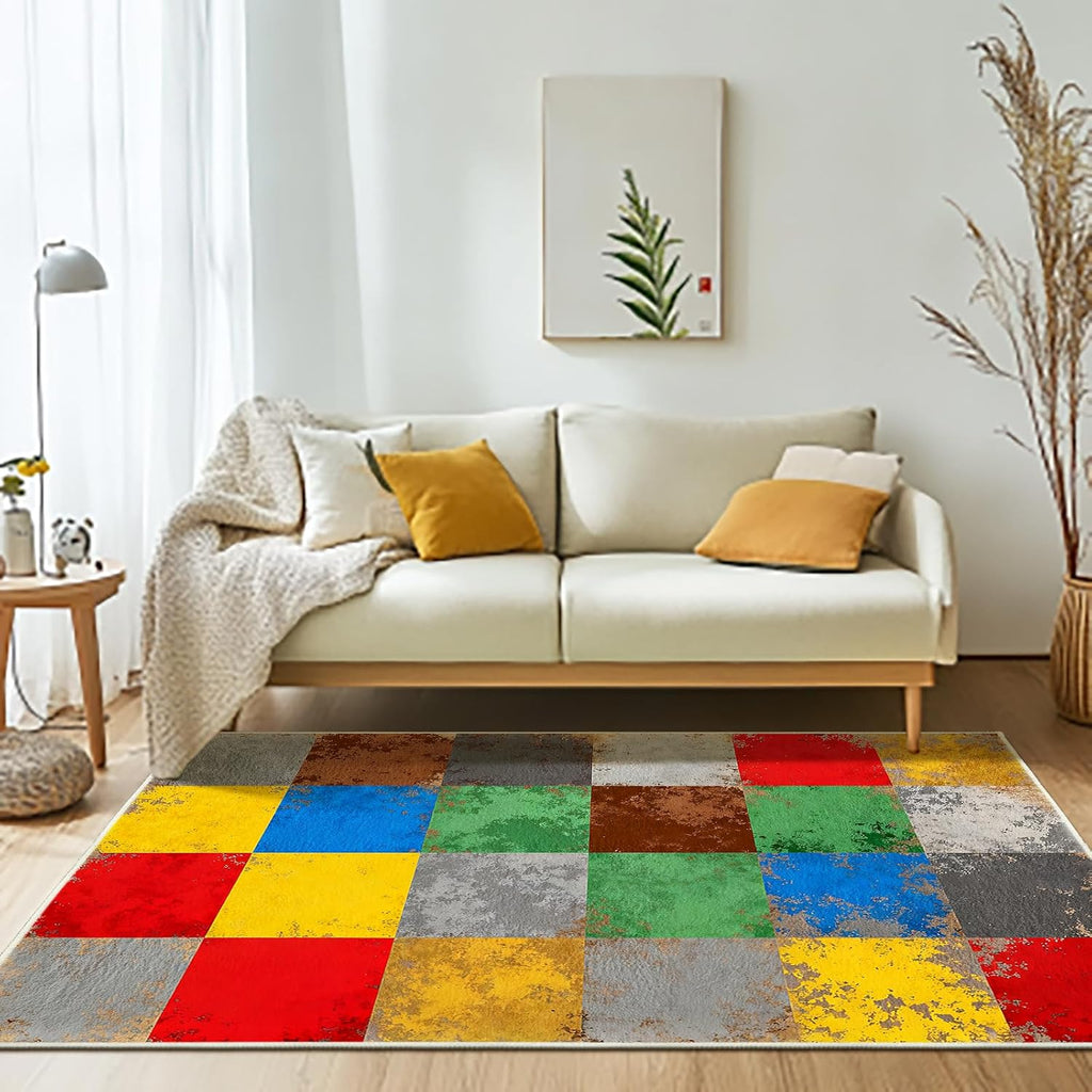 Colorful Retro Checkered Rug Non Slip Geometric Area Rug