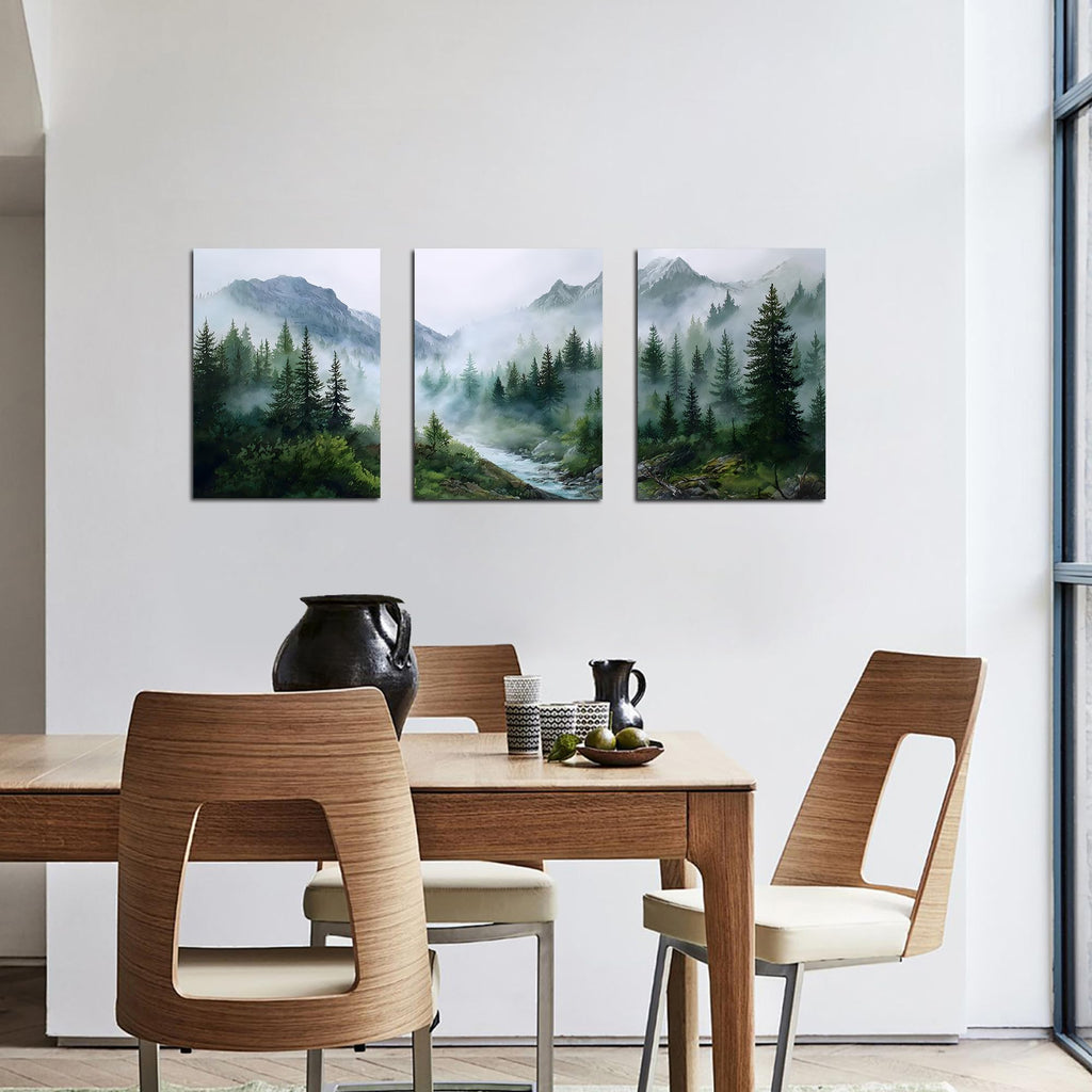 Misty Forest Wall Art Green Mountain Landscape Canvas Prints Nature Tree River Artwork Bedroom Office Home Decor