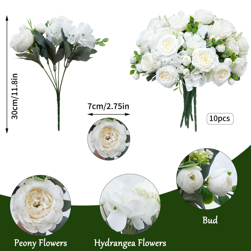 10 Bundles Artificial Peonies, Milky White Artificial