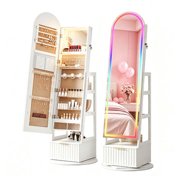 RGB Jewelry Cabinet with Full Length Mirror, 360° Swivel & Remote Control
