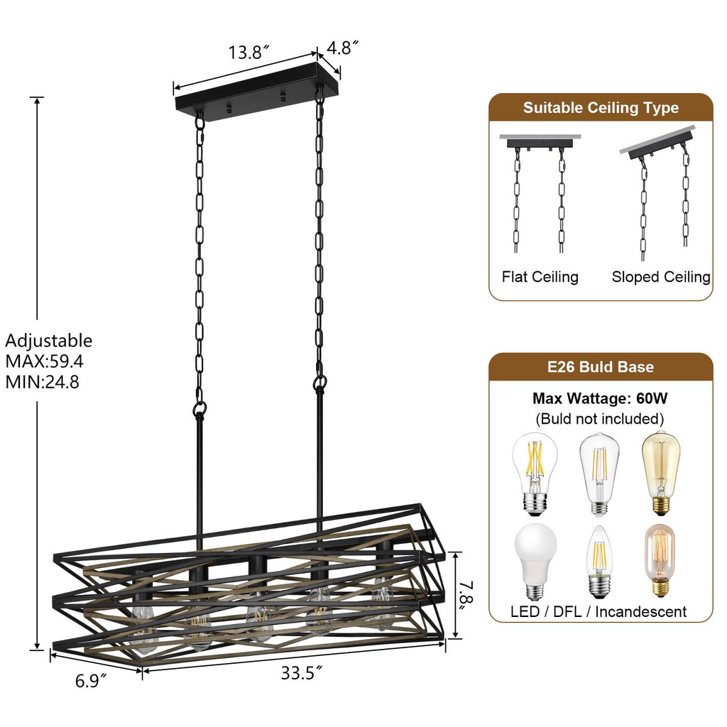 33.5''Farmhouse Dining Room Light Fixture, 5-Light Kitchen Island Lighting, Industrial Chandelier Over Table