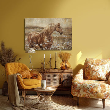 Horse Canvas Wall Art for Farmhouse Decor, Neutral Brown/Beige Equestrian Picture with Wildflower Meadow, Animal